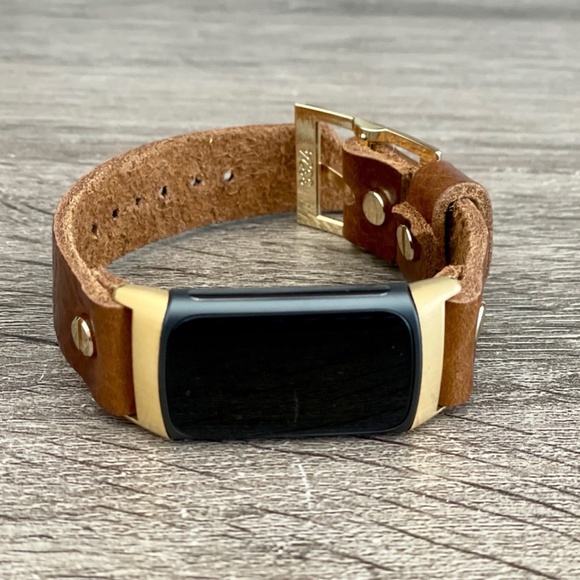 Brown Grain Leather Gold Jewelry Fitbit Charge 5 Band Women Strap Bracelet - Picture 5 of 8